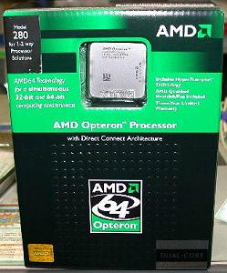 Opteron 280 (два ядра, 2.4 ГГц, 1 МБ x 2 кэш L2, TDP 95 Вт, Socket 940)