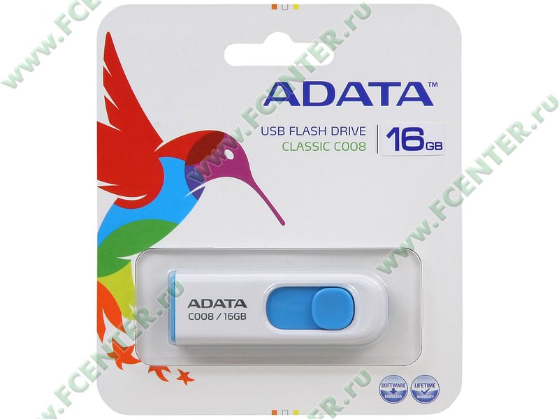 Накопитель USB flash Накопитель USB flash 16ГБ ADATA "Classic C008" AC008-16G-RWE, бело-голубой. Коробка.