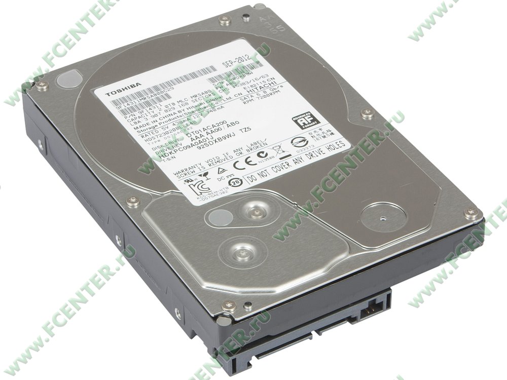 Жесткий диск Жесткий диск 2ТБ Toshiba "DT01ACA200", 7200об/мин., 64МБ. Вид спереди.