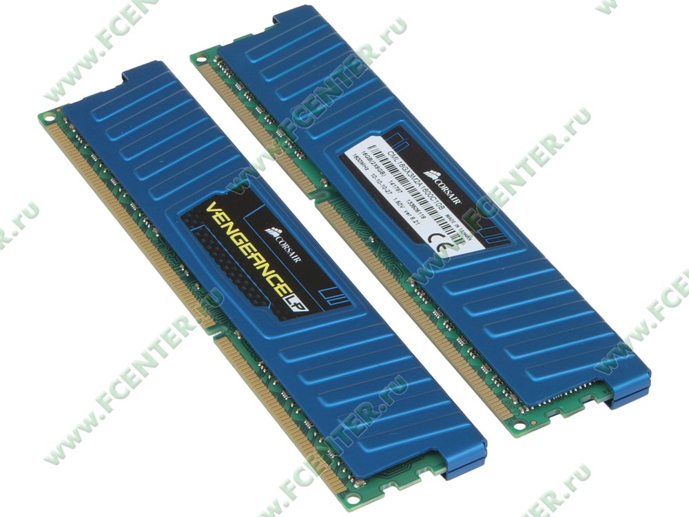 Модуль оперативной памяти 2x8ГБ DDR3 Corsair "Vengeance LP" (PC12800, CL10). Вид спереди.
