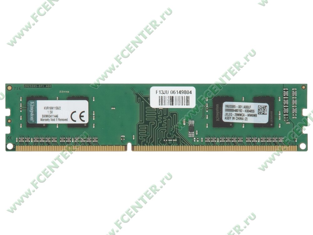 Модуль оперативной памяти Модуль оперативной памяти 2ГБ DDR3 SDRAM Kingston "ValueRAM" KVR16N11S6/2. Вид сверху.