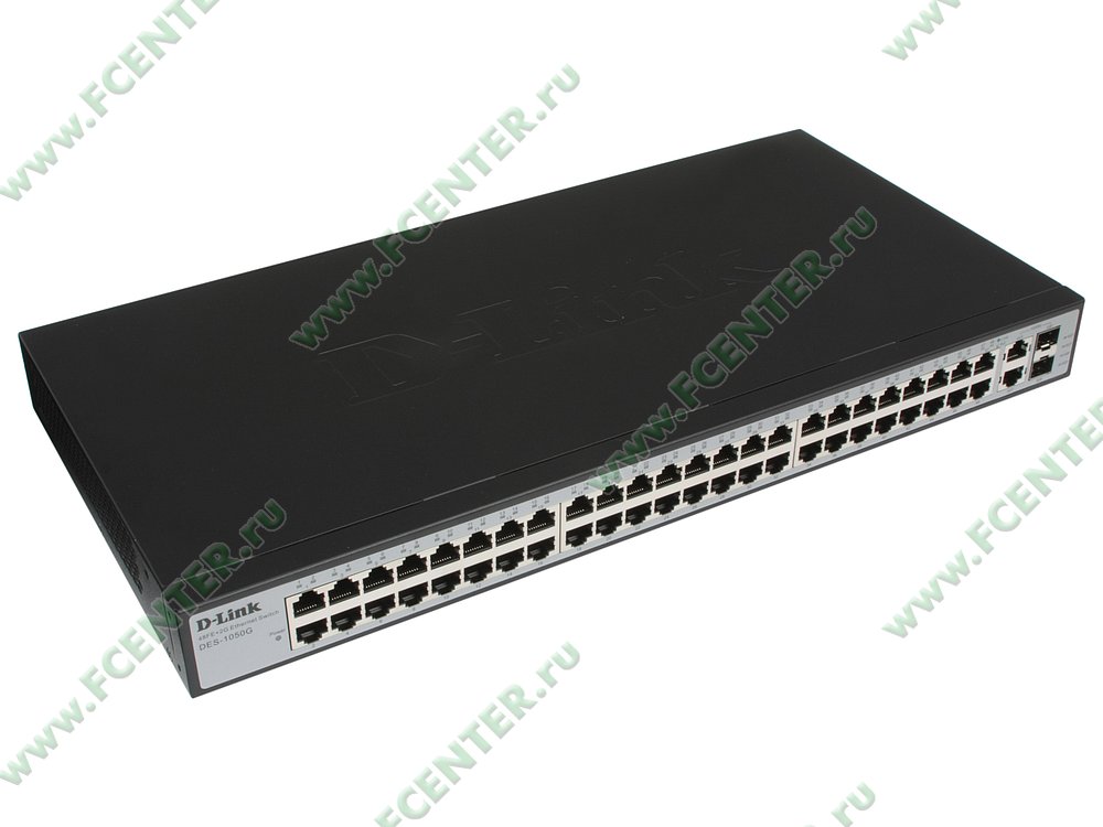 Коммутатор Коммутатор 1U 19" RM D-Link "DES-1050G/C1A" 48 портов 100Мбит/сек. + 2 порта 1Гбит/сек./SFP. Вид спереди.