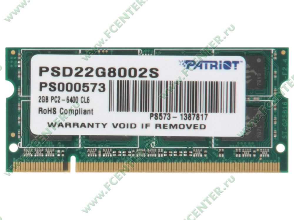 Модуль оперативной памяти Модуль оперативной памяти SO-DIMM 2ГБ DDR2 SDRAM Patriot "PSD22G8002S". Вид сверху.