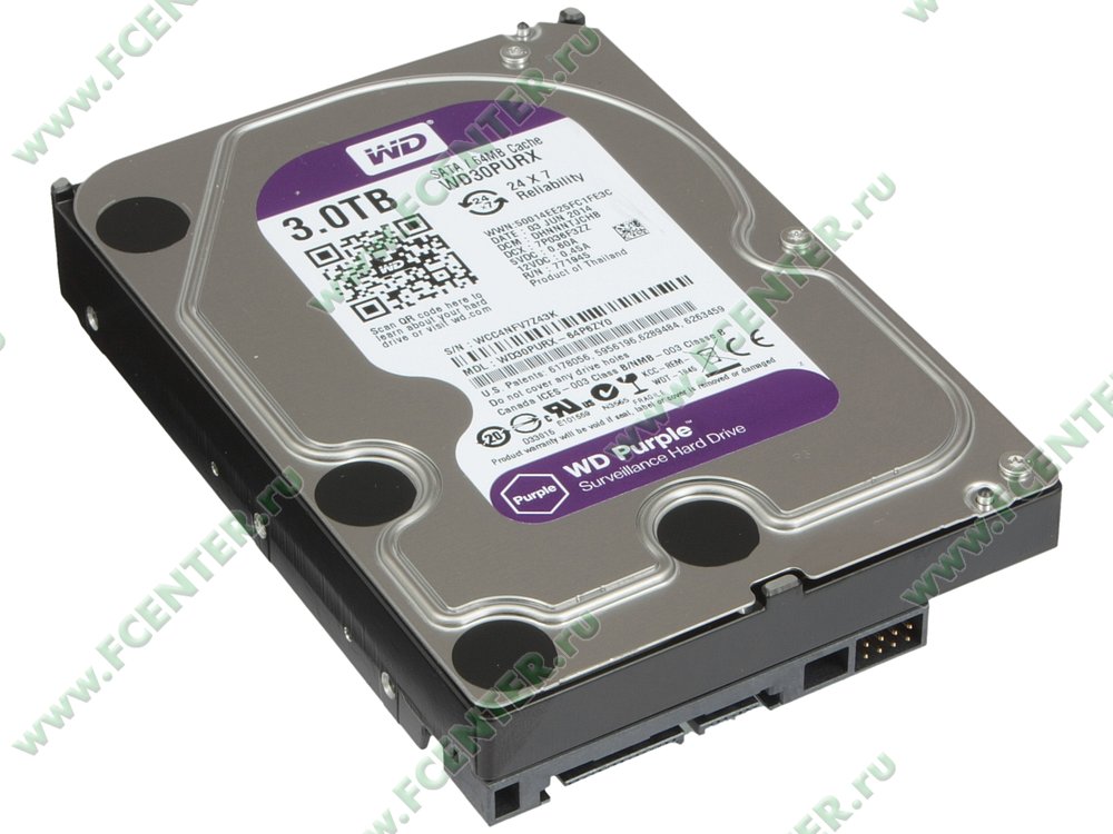 Жесткий диск Жесткий диск 3ТБ Western Digital "Purple WD30PURX", 64МБ. Вид спереди.