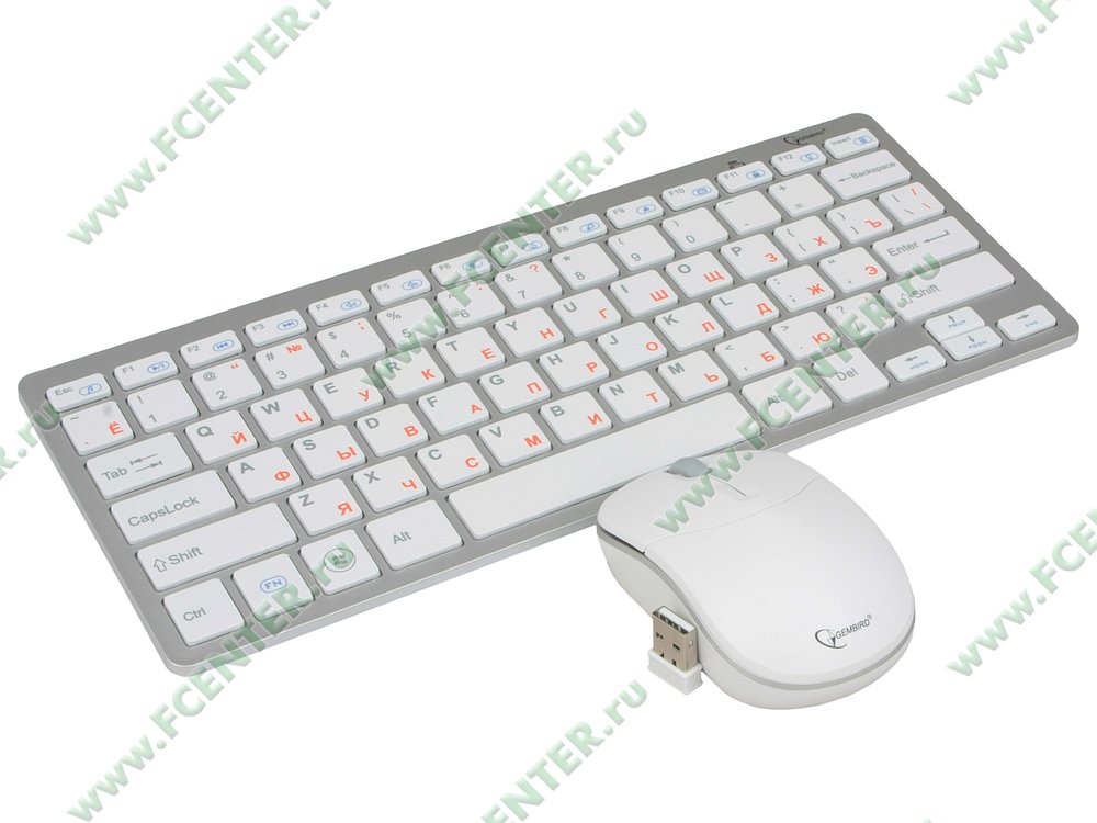 Комплект клавиатура + мышь Комплект клавиатура + мышь Gembird "KBS-7001-RU", беспров., серебр.-белый. Вид спереди 1.