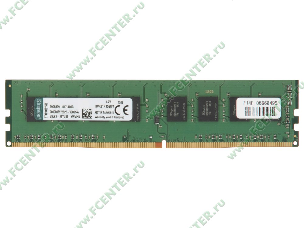 Модуль оперативной памяти Модуль оперативной памяти 4ГБ DDR4 SDRAM Kingston "ValueRAM" KVR21N15S8/4. Вид сверху.
