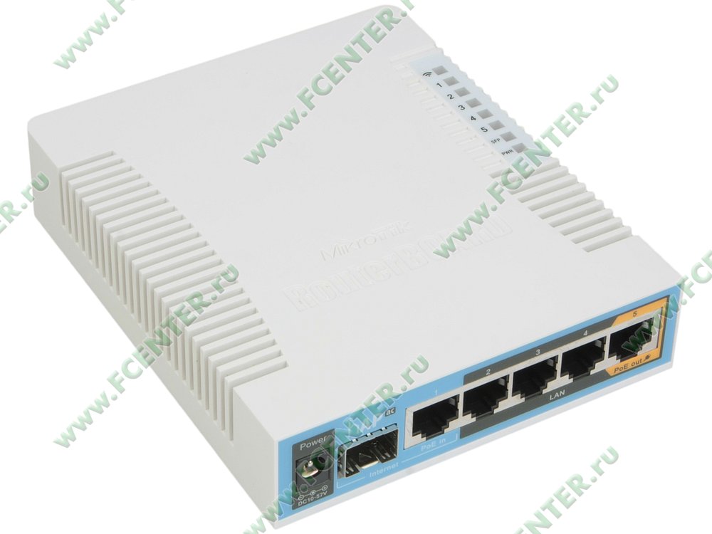 Беспроводной маршрутизатор Беспроводной маршрутизатор MikroTik "hAP ac RB962UiGS-5HacT2HnT" WiFi + 4 порта LAN 1Гбит/сек.+ 1 порт WAN 1Гбит/сек. + 1 порт SFP + 1 порт USB2.0. Вид спереди.