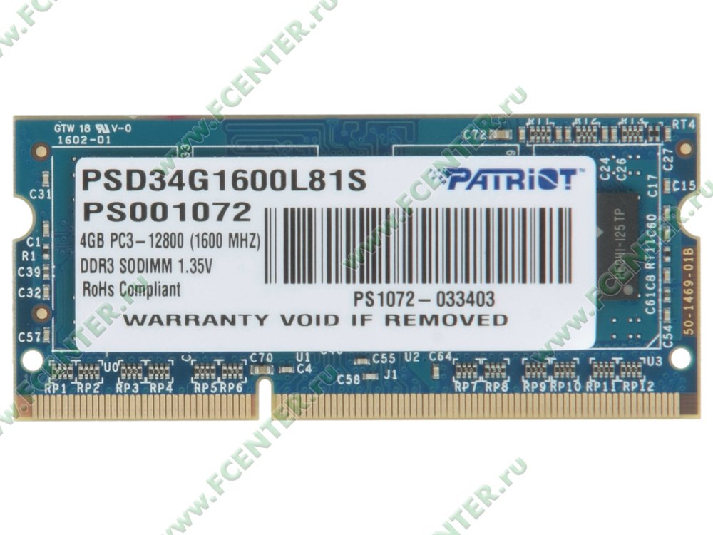 Модуль оперативной памяти Модуль оперативной памяти SO-DIMM 4ГБ DDR3L SDRAM Patriot "PSD34G1600L81S". Вид сверху.