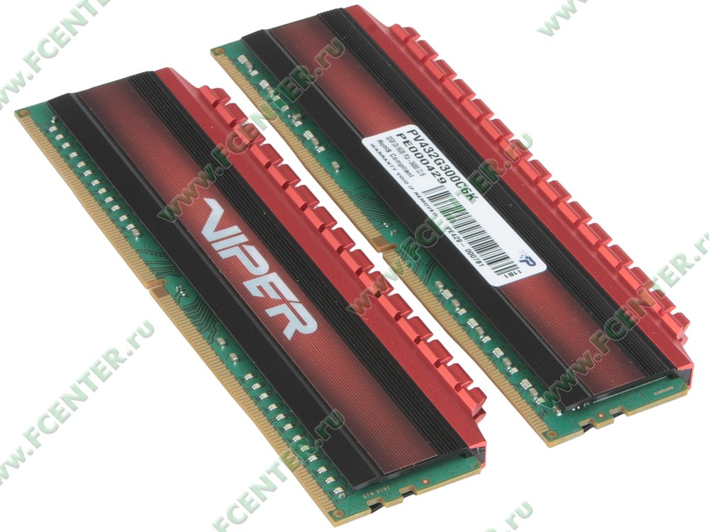 Модуль оперативной памяти Модуль оперативной памяти 2x16ГБ DDR4 SDRAM Patriot "Viper PV432G300C6K". Вид спереди.