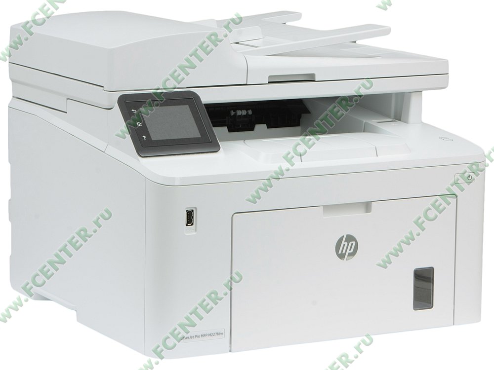Многофункциональное устройство Многофункциональное устройство HP "LaserJet Pro MFP M227fdw" A4, лазерный, принтер + сканер + копир + факс, ЖК, белый. Вид спереди 1.