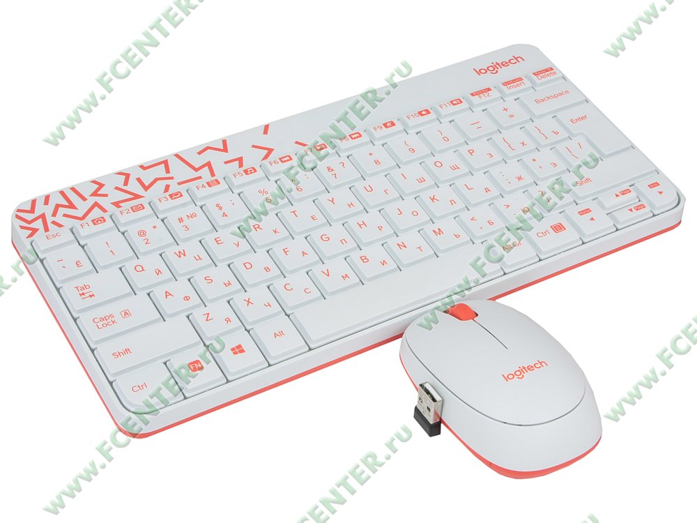 Комплект клавиатура + мышь Комплект клавиатура + мышь Logitech "MK240 Nano" 920-008212, беспров., бело-красный. Вид спереди 1.