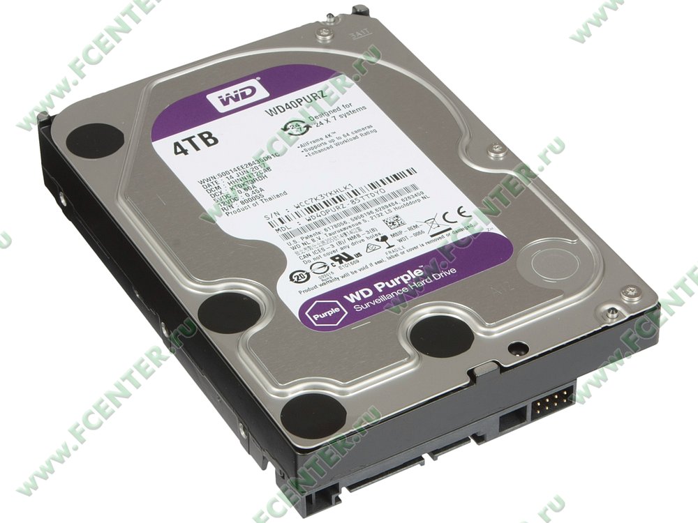 Жесткий диск Жесткий диск 4ТБ Western Digital "Purple WD40PURZ", 5400об./мин., 64МБ. Вид спереди.