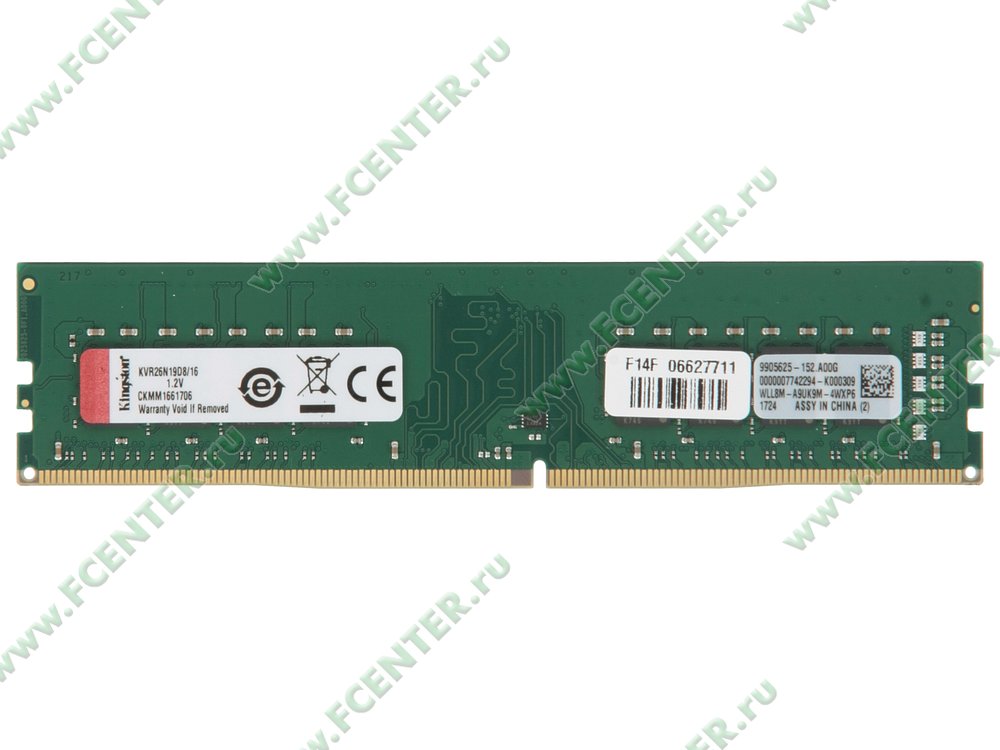 Модуль оперативной памяти Модуль оперативной памяти 16ГБ DDR4 SDRAM Kingston "Value RAM" KVR26N19D8/16. Вид спереди.