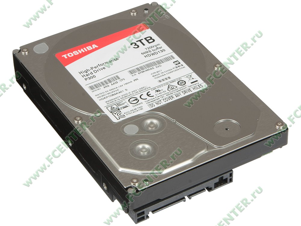 Жесткий диск Жесткий диск 3ТБ Toshiba "P300" HDWD130UZSVA, 7200об/мин., 64МБ. Вид спереди.