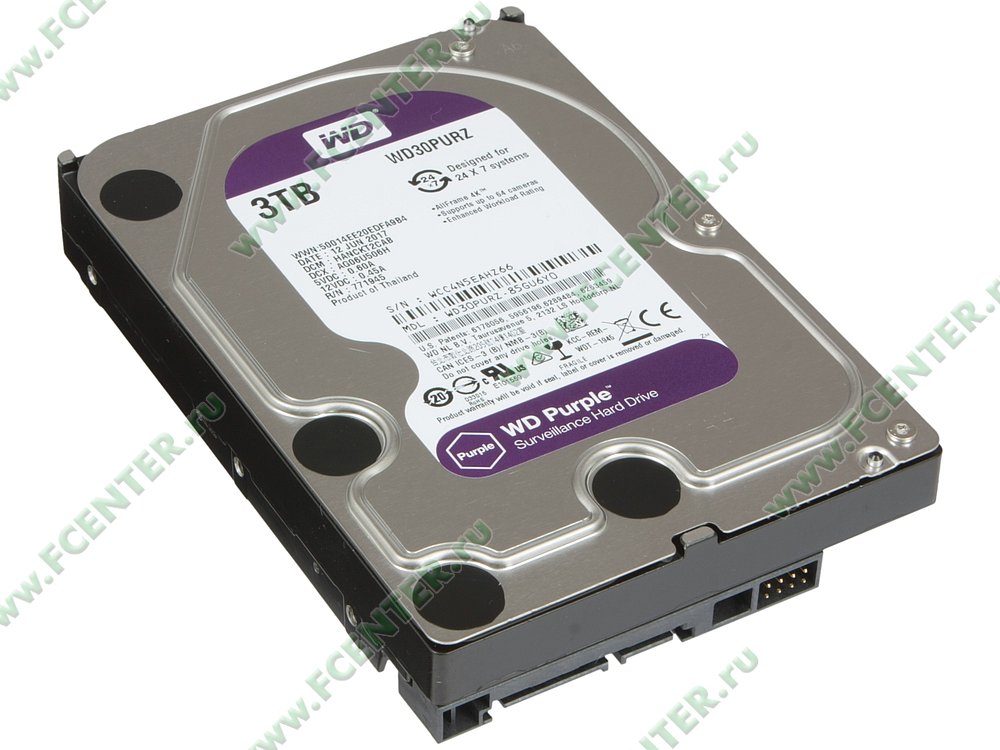 Жесткий диск Жесткий диск 3ТБ Western Digital "Purple WD30PURZ", 5400об./мин., 64МБ. Вид спереди.