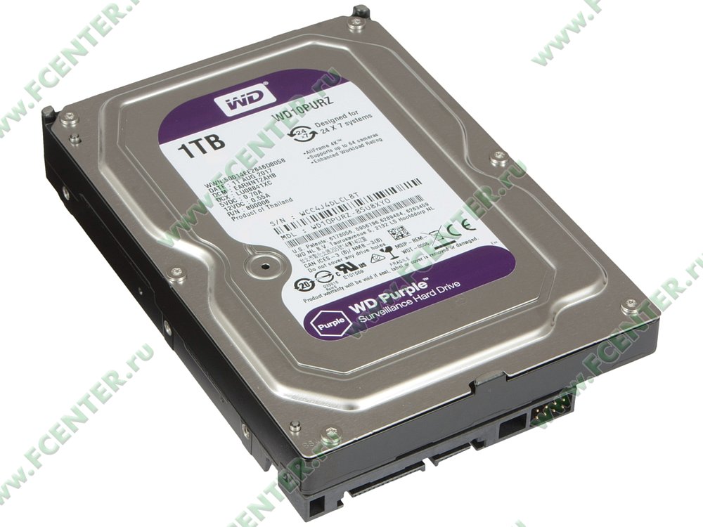 Жесткий диск Жесткий диск 1ТБ Western Digital "Purple WD10PURZ", 5400об./мин., 64МБ. Вид спереди.