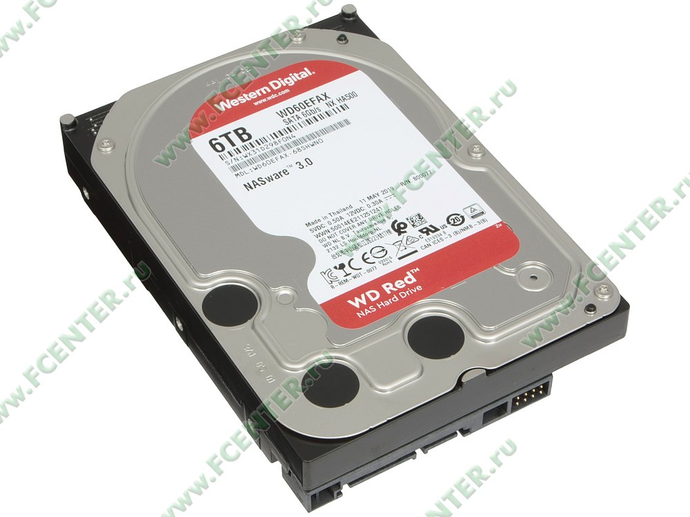 Жесткий диск Жесткий диск 6ТБ Western Digital "Red WD60EFAX", 5400об./мин., 256МБ. Вид спереди.