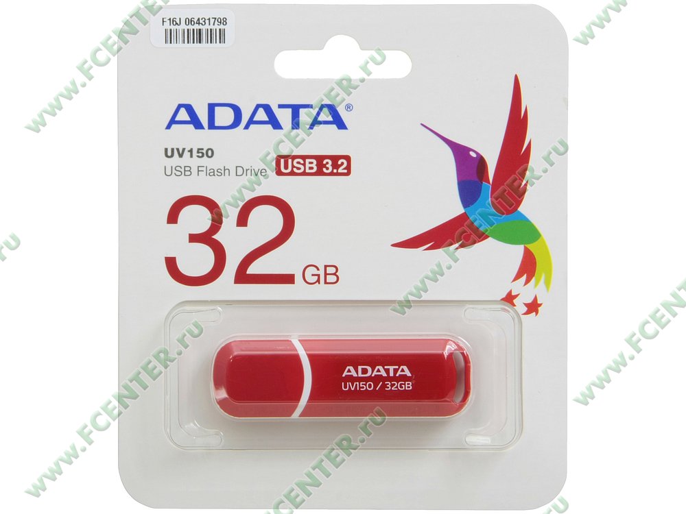 Накопитель USB flash Накопитель USB flash 32ГБ ADATA "FlashDrive UV150" AUV150-32G-RRD, красно-белый. Коробка 1.