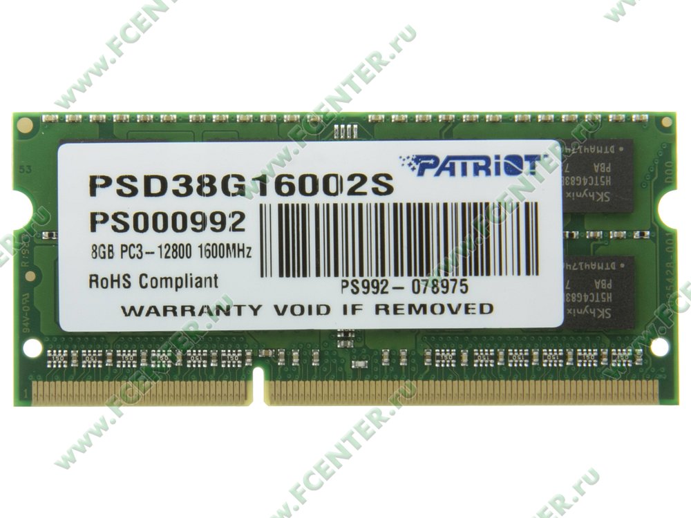 Модуль оперативной памяти Модуль оперативной памяти SO-DIMM 8ГБ DDR3 SDRAM Patriot "PSD38G16002S". Вид сверху.