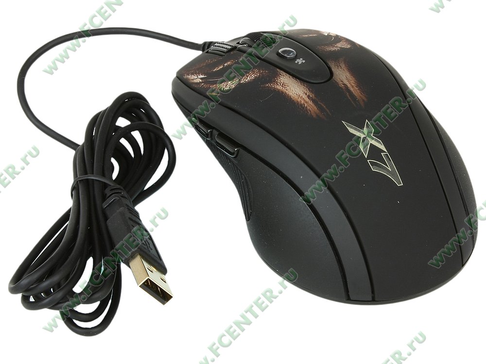 Лазерная мышь Лазерная мышь A4Tech "Laser Gaming Mouse X7 XL-750BH", 6кн.+скр., черный, с рисунком. Вид спереди.