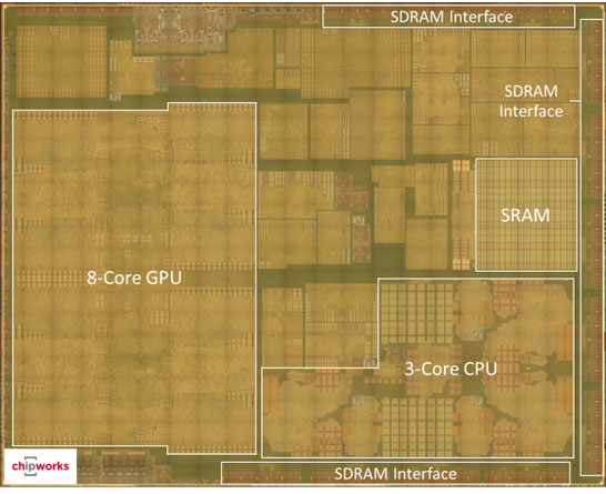Снимок кристалла прикладного процессора Apple A8X (Фотография Chipworks)