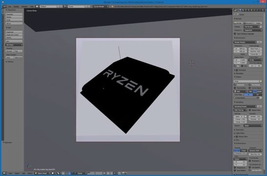 Пример копии экрана с открытым рабочим полем программы Blender с 3D-моделью процессора AMD Ryzen