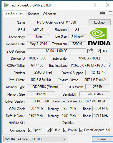 Копия экрана с утилитой GPU-Z версии 0.8.8 во время тестирования видеокарты NVIDIA GeForce GTX 1080
