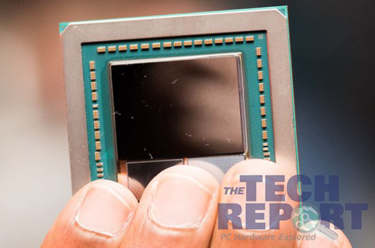 Вот так выглядит подложка с процессором Vega и двумя стеками HBM2 (Tech Report)